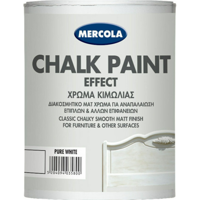 MERCOLA CHALK PAINT ΔΙΑΚΟΣΜΗΤΙΚΟ ΜΑΤ ΧΡΩΜΑ ΚΙΜΩΛΙΑΣ ΓΙΑ ΑΝΑΠΑΛΑΙΩΣΗ ΕΠΙΦΑΝΕΙΩΝ ΧΡΩΜΑ Pure White 750ml 3580 MERCOLA CHALK PAINT ΔΙΑΚΟΣΜΗΤΙΚΟ ΜΑΤ ΧΡΩΜΑ ΚΙΜΩΛΙΑΣ ΓΙΑ ΑΝΑΠΑΛΑΙΩΣΗ ΕΠΙΦΑΝΕΙΩΝ ΧΡΩΜΑ Pure White 750ml 3580