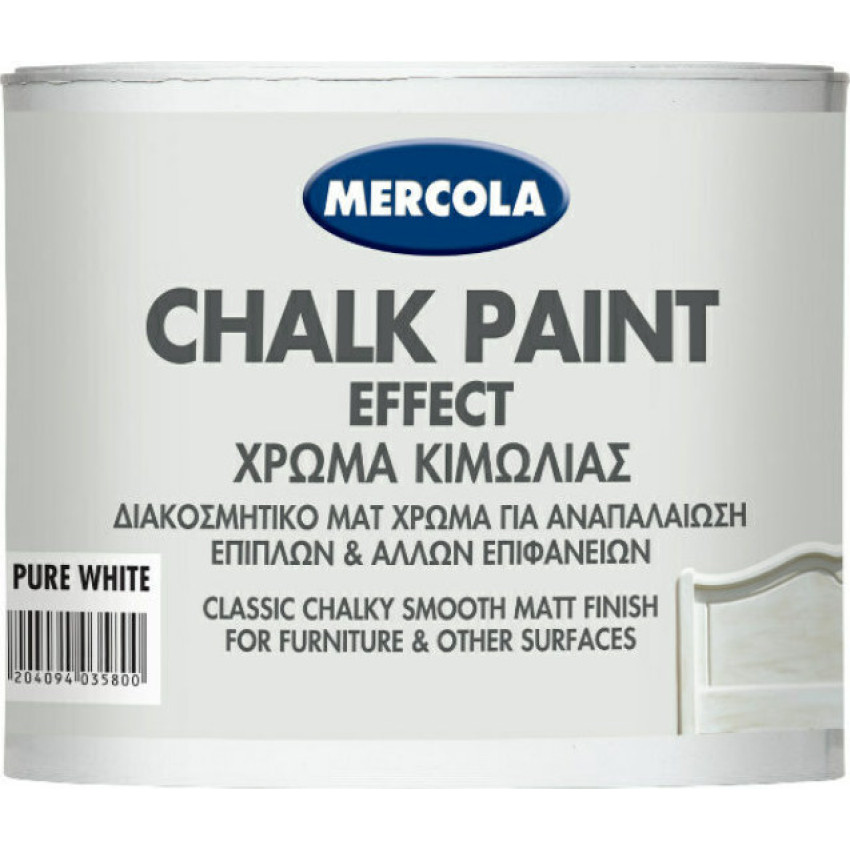 MERCOLA CHALK PAINT ΔΙΑΚΟΣΜΗΤΙΚΟ ΜΑΤ ΧΡΩΜΑ ΚΙΜΩΛΙΑΣ ΓΙΑ ΑΝΑΠΑΛΑΙΩΣΗ ΕΠΙΦΑΝΕΙΩΝ ΧΡΩΜΑ Pure White 375ml 3601 MERCOLA CHALK PAINT ΔΙΑΚΟΣΜΗΤΙΚΟ ΜΑΤ ΧΡΩΜΑ ΚΙΜΩΛΙΑΣ ΓΙΑ ΑΝΑΠΑΛΑΙΩΣΗ ΕΠΙΦΑΝΕΙΩΝ ΧΡΩΜΑ Pure White 375ml 3601