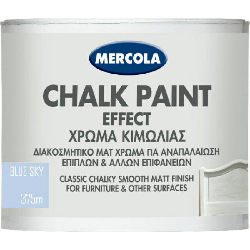 MERCOLA CHALK PAINT ΔΙΑΚΟΣΜΗΤΙΚΟ ΜΑΤ ΧΡΩΜΑ ΚΙΜΩΛΙΑΣ ΓΙΑ ΑΝΑΠΑΛΑΙΩΣΗ ΕΠΙΦΑΝΕΙΩΝ ΧΡΩΜΑ Blue Sky 375ml 3611 MERCOLA CHALK PAINT ΔΙΑΚΟΣΜΗΤΙΚΟ ΜΑΤ ΧΡΩΜΑ ΚΙΜΩΛΙΑΣ ΓΙΑ ΑΝΑΠΑΛΑΙΩΣΗ ΕΠΙΦΑΝΕΙΩΝ ΧΡΩΜΑ Blue Sky 375ml 3611