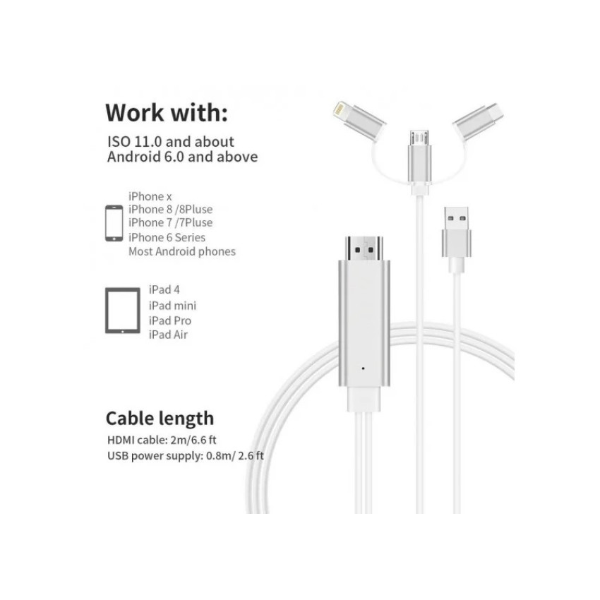 Προσαρμογέας 3 in 1 Mirascreen HDMI 1080P HDTV Cable, 2m Type-C/Micro USB/Lightning Andowl 864763 Προσαρμογέας 3 in 1 Mirascreen HDMI 1080P HDTV Cable, 2m Type-C/Micro USB/Lightning Andowl 864763