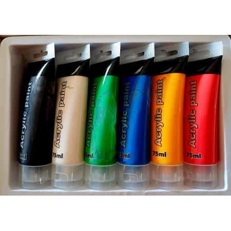 Σετ ακρυλικά χρώματα ζωγραφικής 6 τεμαχιών (Μαύρο, Λευκό, Πράσινο, Μπλέ, Κίτρινο, Κόκκινο) ιδανικά για χαρτί, ξύλο, πλαστικό, μέταλλο 75ml OEM 412354