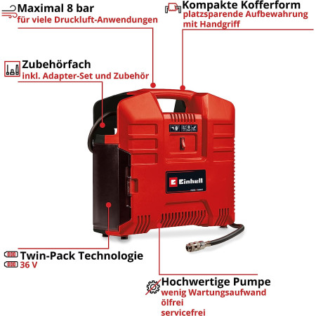 Αεροσυμπιεστής μπαταρίας (δίχως λάδι) 36V Einhell TE-AC 36/8 Li OF Set - Solo 4020440