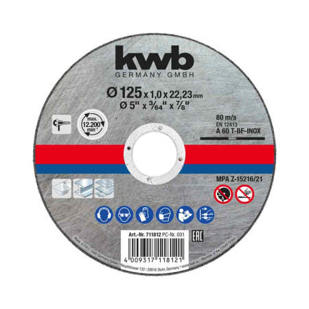 Δισκός γωνιακού τροχού κοπής σιδήρου inox 125x22,2x1,0mm KWB 49711812