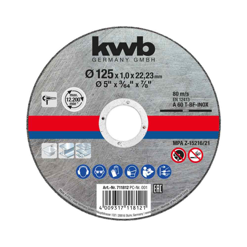 Δισκός γωνιακού τροχού κοπής σιδήρου inox 125x22,2x1,0mm KWB 49711812 Δισκός γωνιακού τροχού κοπής σιδήρου inox 125x22,2x1,0mm KWB 49711812
