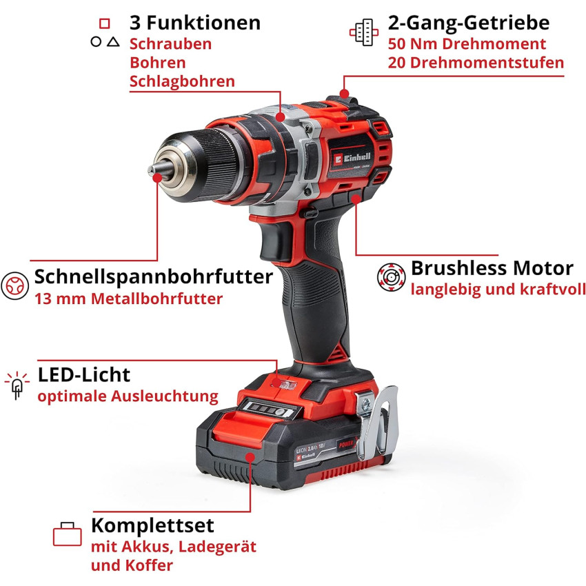 Δραπανοκατσάβιδo κρουστικό μπαταρίας 18V Einhell TP-CD 18/50 Li-I Brushless (2x 2,0 Ah) 4513940