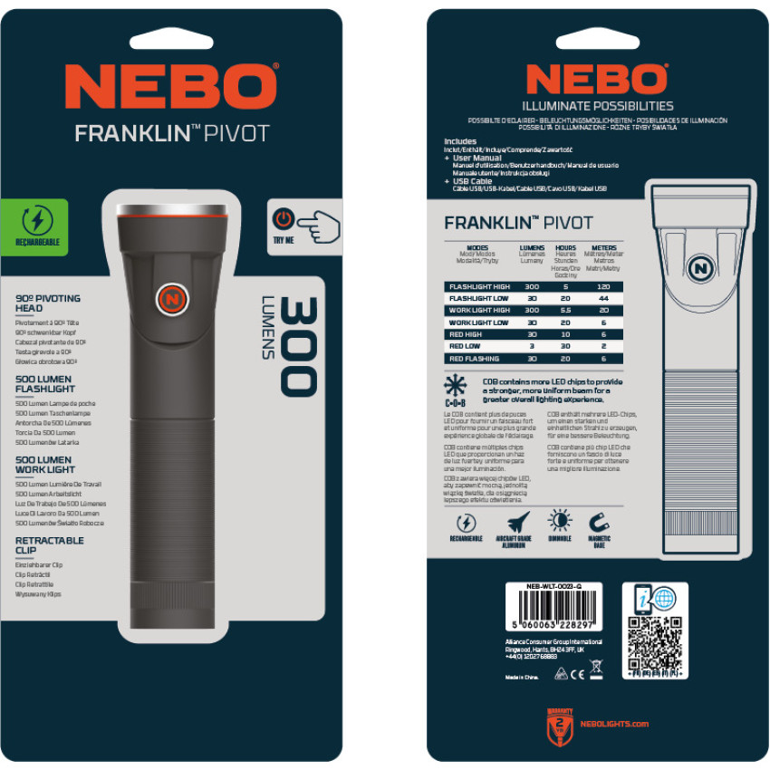 ΦΑΚΟΣ 300 Lumens NEBO FRANKLIN PIVOT RC NEB-WLT-0023-G ΦΑΚΟΣ 300 Lumens NEBO FRANKLIN PIVOT RC NEB-WLT-0023-G