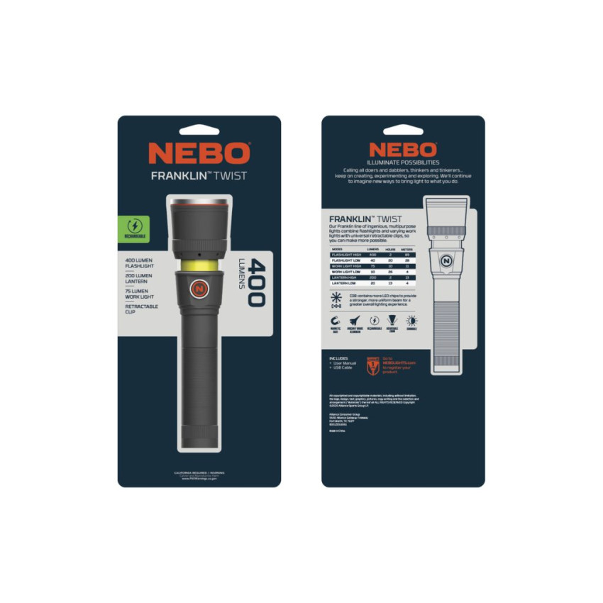 ΦΑΚΟΣ 400 Lumens NEBO FRANKLIN TWIST RC NEB-WLT-0024-G ΦΑΚΟΣ 400 Lumens NEBO FRANKLIN TWIST RC NEB-WLT-0024-G