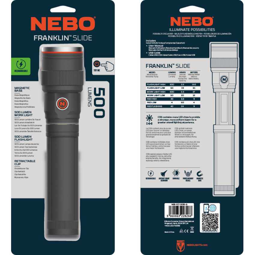 ΦΑΚΟΣ 500 Lumens NEBO FRANKLIN SLIDE RC NEB-WLT-0025-G ΦΑΚΟΣ 500 Lumens NEBO FRANKLIN SLIDE RC NEB-WLT-0025-G