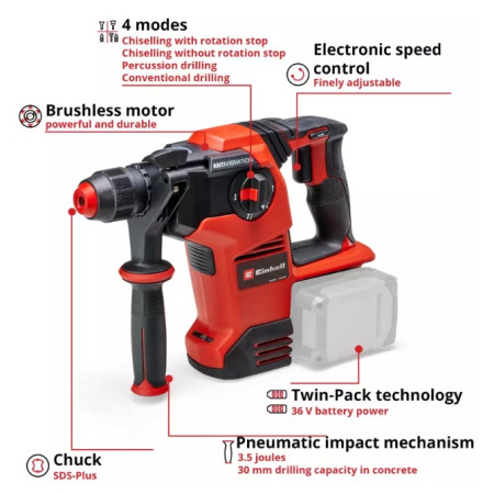 Πνευματικό πιστολέτο μπαταρίας sds-plus 3.5J 36V Einhell TP-HD 36/30 Li BL +4 - Solo 4513983