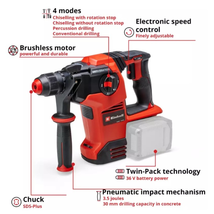 Πνευματικό πιστολέτο μπαταρίας sds-plus 3.5J 36V Einhell TP-HD 36/30 Li BL +4 - Solo 4513983 Πνευματικό πιστολέτο μπαταρίας sds-plus 3.5J 36V Einhell TP-HD 36/30 Li BL +4 - Solo 4513983