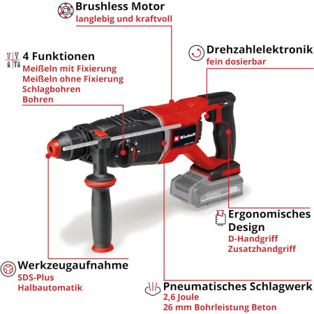 Πνευματικό πιστολέτο μπαταρίας sds-plus 2.6J 18V Einhell TP-HD 18/26D Li Brushless - Solo 4514270