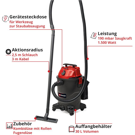 Σκούπα ηλεκτρική  υγρών / στερεών  1500W 30lt Einhell TC-VC 1930 A 2342490 Σκούπα ηλεκτρική  υγρών / στερεών  1500W 30lt Einhell TC-VC 1930 A 2342490