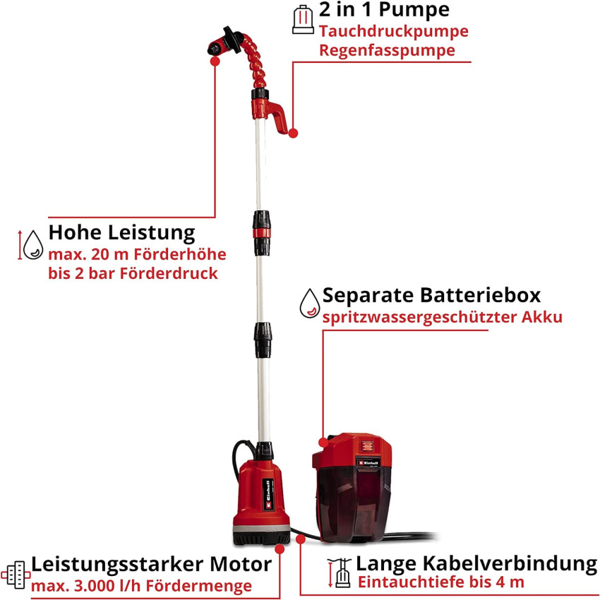 Αντλία καθαρού νερού μπαταρίας 18V Einhell GE-PP 18 RB Li - Solo 4170429