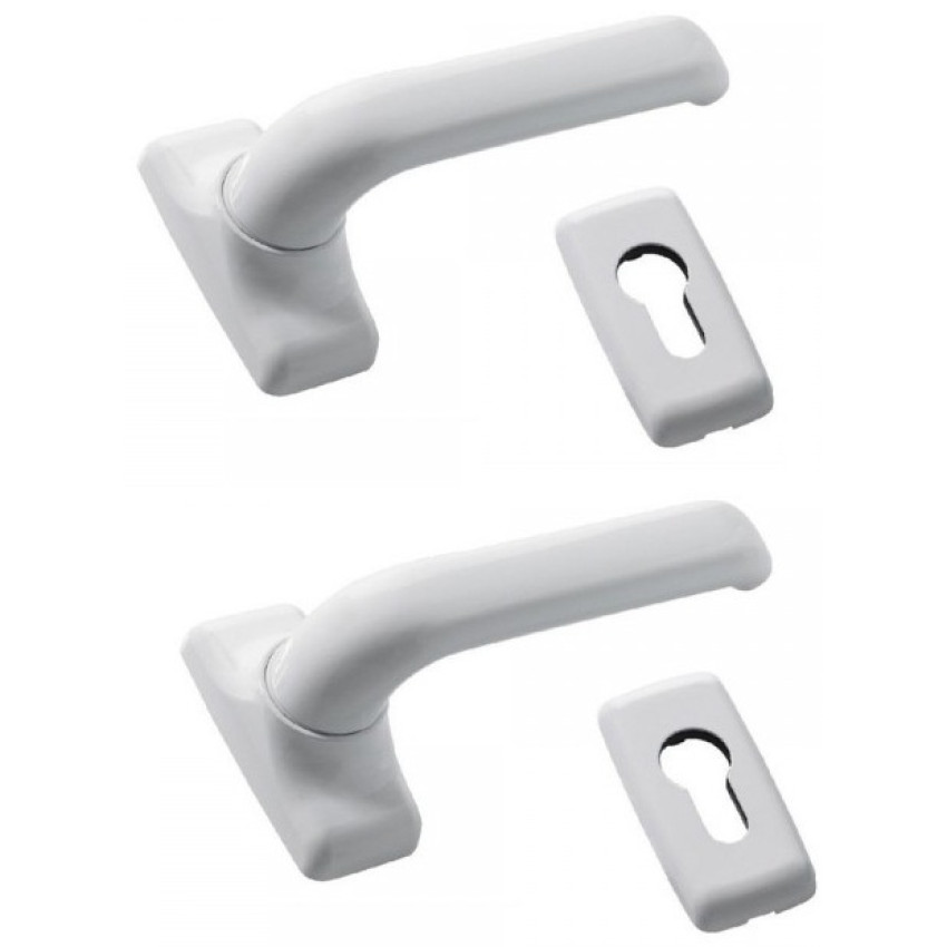 Πόμολο ίσιο διπλο λευκό με μεταλλική ροζέτα κατάλληλα για όλα τα προφίλ αλουμινίου και τις ξύλινες πόρτες DOMUS 6110L
