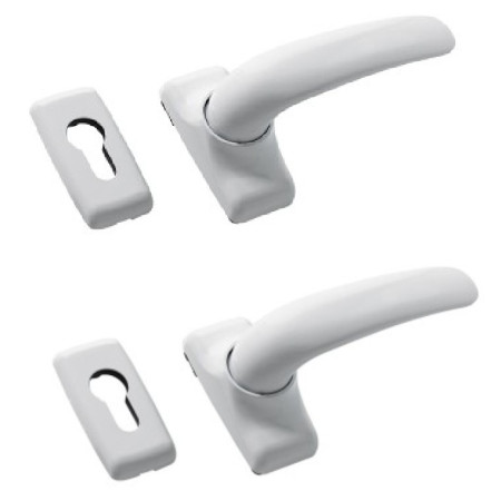 Πόμολο οβάλ διπλο λευκό με μεταλλική ροζέτα κατάλληλα για όλα τα προφίλ αλουμινίου και τις ξύλινες πόρτες DOMUS 6150L