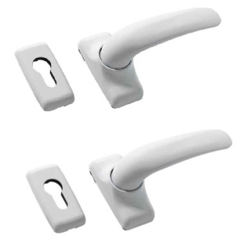 Πόμολο οβάλ διπλο λευκό με μεταλλική ροζέτα κατάλληλα για όλα τα προφίλ αλουμινίου και τις ξύλινες πόρτες DOMUS 6150L